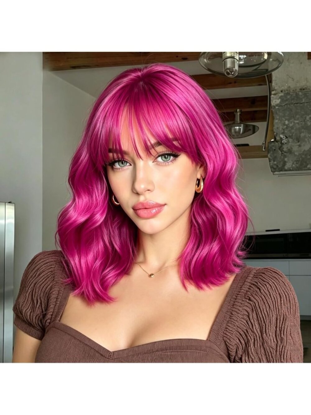 Women's Fuchsia Magenta Wavy Synthetic Shoulder Length Sweetie Bob Wig Bangs